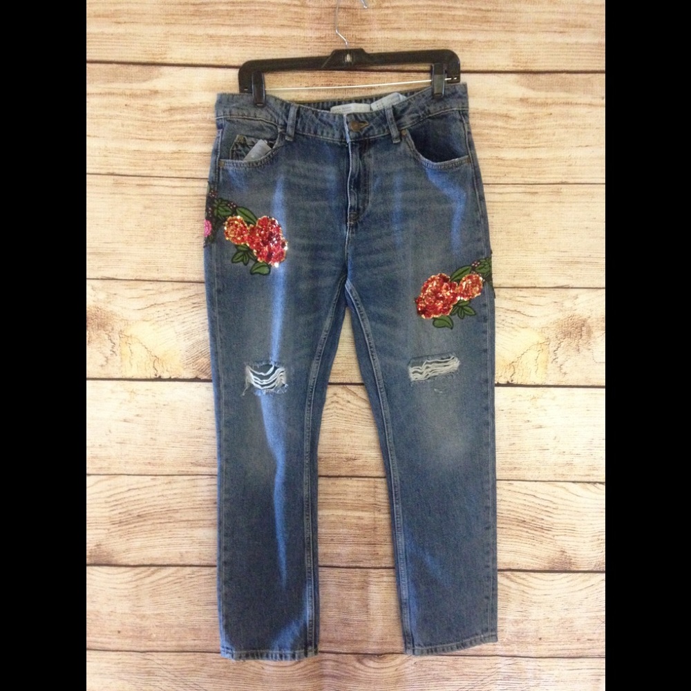 Really Chic Zara Sequin Appliquéd Boyfriend Jeans